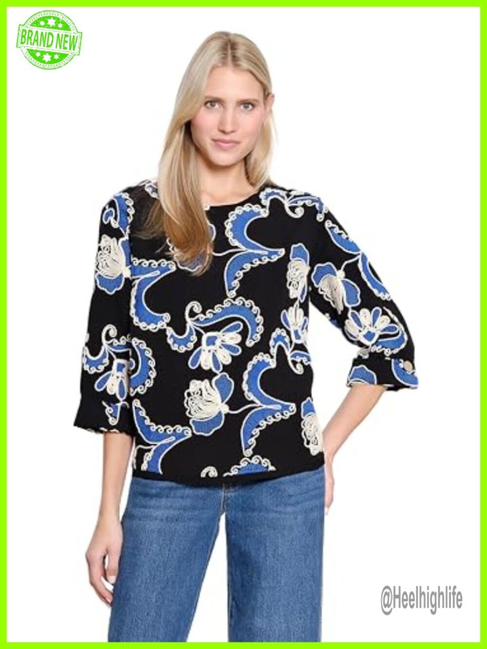 Cord Embroidered Boxy Tunic Top 3/4 Sleeve Rayon Nylon Fall
